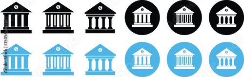 Bank building with dollar symbol icon set. Modern bank building representing financial institution icons isolated on transparent background. Concept of investment planning and financial transaction.
