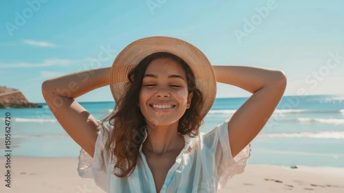 Wallpaper Mural Woman with hat smiles brightly while relaxing on a sandy beach, basking in the sun and feeling the ocean breeze Torontodigital.ca
