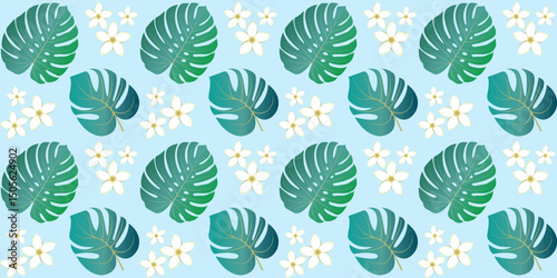 Seamless pattern with tropical monstera leaves and white flowers