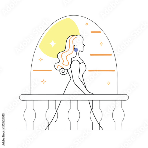 Elegant woman silhouette on a balcony with glowing elements illustration