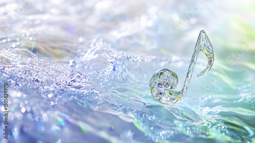 A glass musical note floating on water, surrounded by light reflections and bubbles.