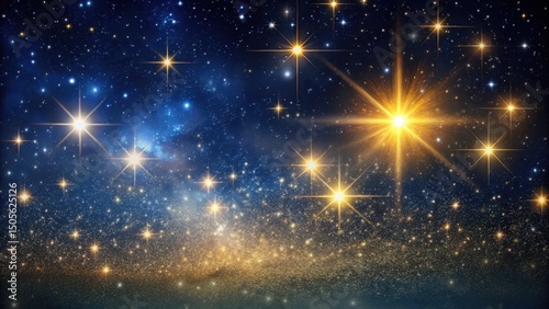 Dark night sky with stars and gold starlight, light, black