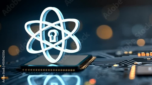 A glowing atom symbol featuring a keyhole center is placed atop a complex microchip against a blurred, soft, and bokeh lit background