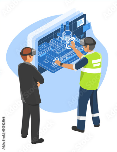 Engineer and executive using virtual reality to interact with a digital twin system for real-time industrial process visualization and smart factory management
