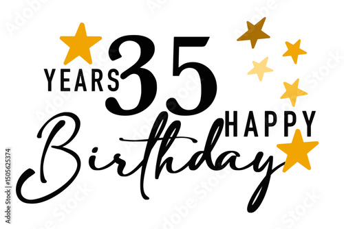 Simple vector illustration with the text "Happy Birthday", the number 35, and decorative gold stars around the design