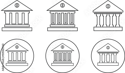 Bank building with dollar symbol icon set. Modern bank building representing financial institution icons isolated on transparent background. Concept of investment planning and financial transaction.