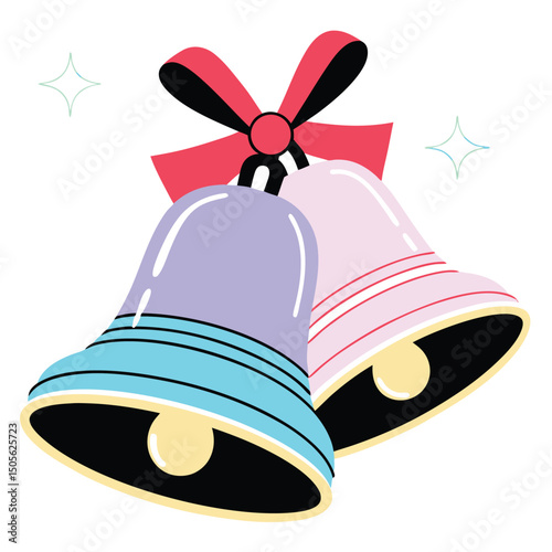 Festive and colorful christmas bells with red ribbon and decorative sparkles
