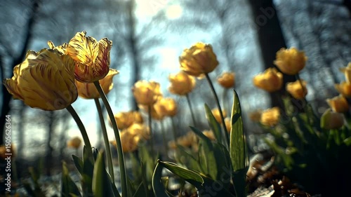 Sunlit yellow tulips rise from ground, framed by out-of-focus trees under a bright sky, presenting a serene floral scene
