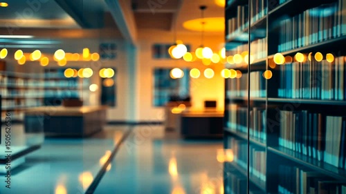 Blurry book-filled library with golden lights reflecting on a clean floor, offering a calm and intellectual environment