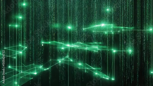 Futuristic cyberpunk digital data network flowing with illuminated glowing green lines and connected points