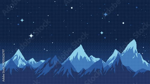 Mountains and pine forest pixel art landscape. Cold snowy night scenery.  8 bit. Game development, mobile app. Isolated vector illustration.