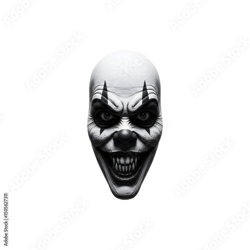 Scary clown face with exaggerated grin and hollow eyes