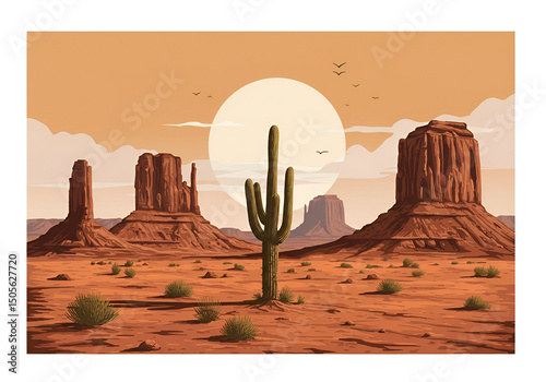 Desert landscape with buttes and saguaro cactus at sunset. Scenic view of Monument Valley with a solitary saguaro cactus in the foreground, capturing a tranquil, golden light in the southwestern USA.