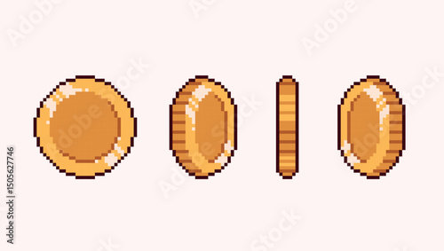  Golden coin spinning pixel art animation frames.   Rotating money elements.  8 bit. Game development, mobile app. Isolated vector illustration.