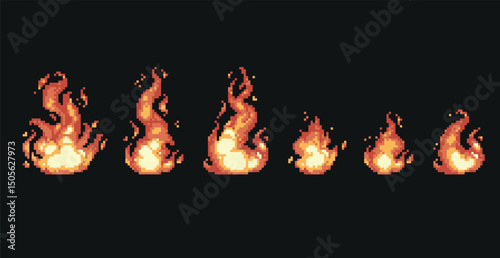 Fire and flames pixel art icon set. Flare sparkles, ignitions logo collection. 8-bit sprite. Game development, mobile app. Isolated vector illustration.