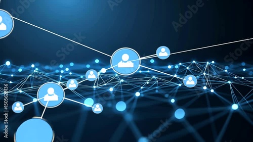 Networking representation with user icons linked by lines over a luminous dotted network against a dark blue gradient background