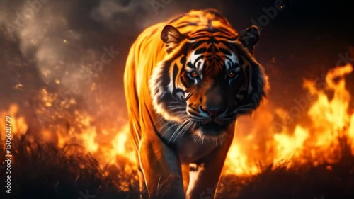 Majestic Tiger Walking Through Fire, Powerful and Intense Animal Encounter in Wildfire Scenery