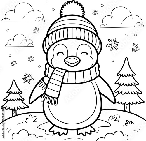 Adorable penguin wearing winter hat and scarf coloring page