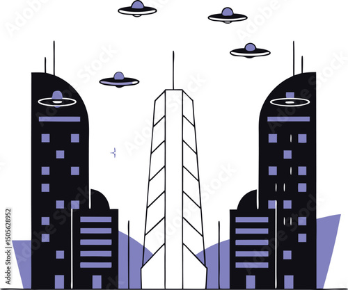 Futuristic cityscape with flying saucers in a minimalist geometric illustration