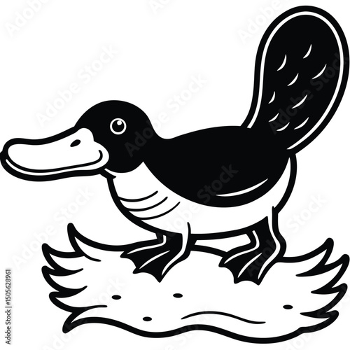 Charming Platypus Illustration Black and White Vector Graphic