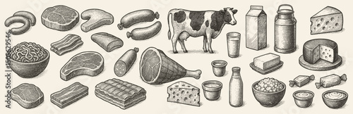 Detailed engraved illustration showcasing diverse dairy and meat products from a farm setting