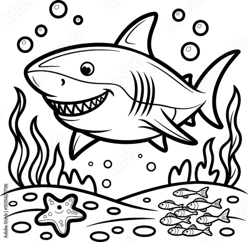 Happy shark coloring page ocean scene