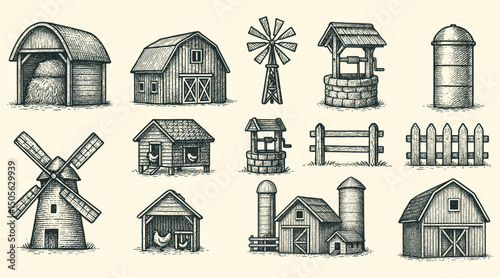 Detailed monochrome illustration showcasing various farm structures in a rural landscape setting
