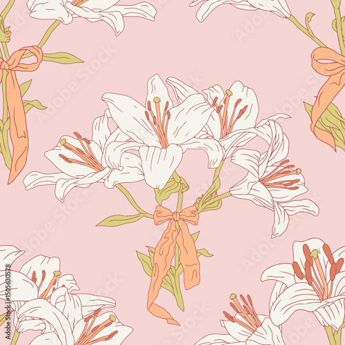 Vintage seamless pattern with hand drawn white lily flowers and fancy bow knots on pastel pink background. Boho floral repeat wallpaper. Vector illustration