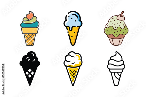 Ice Cream Icons Set – Cute Cartoon Cones and Scoops Clipart for Summer Design

