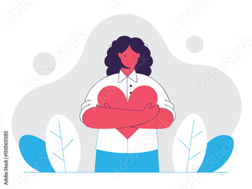 Woman Embracing SelfLove Heart Vector Illustration