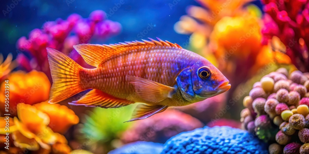 Fototapeta premium Vibrant Cichlid Fish swimming near coral reef in a colorful aquarium tank , aquarium