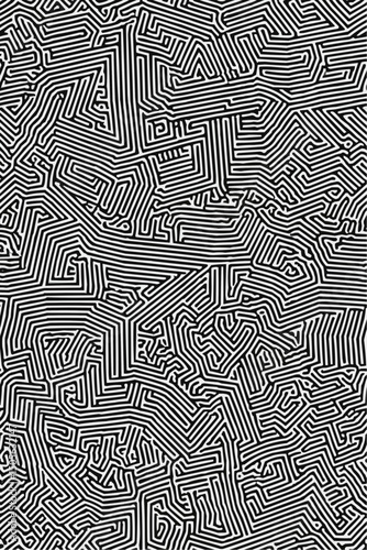 Geometric Black and white line art pattern with small, dense lines forming an abstract maze or network on a pure background of the same color. 