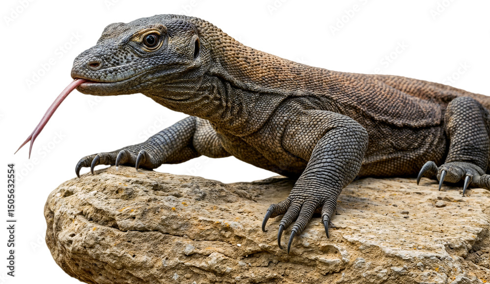 Fototapeta premium A komodo dragon sitting on a rock with its tongue out