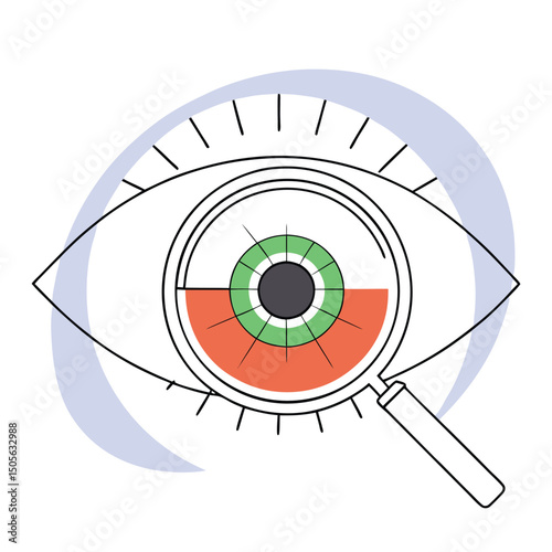 Illustration of eye being examined with magnifying glass on white background