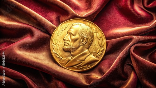 Gold Nobel Prize Medal on a rich Velvet background with intricate patterns and textures, Medal, Velvet,  Medal, Velvet