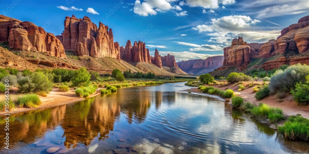 Fototapeta premium Serene river views with red rock formations and sandy beaches in Arches National Park