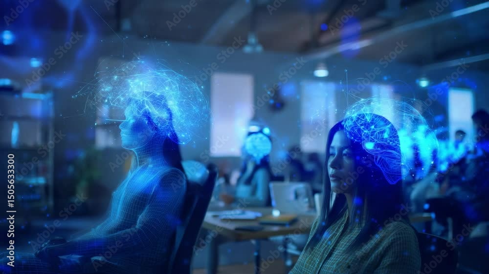 Futuristic Office Scene with Digital Brain Projections and Hybrid Human Wireframe Interface Futuristic Office Scene with Digital Brain Projections and Hybrid Human Wireframe Interface