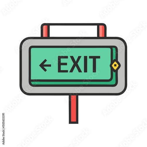 A stylized sign indicating an exit with a leftpointing arrow and diamond