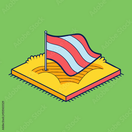 Isometric waving striped flag on yellow sandy ground with green background