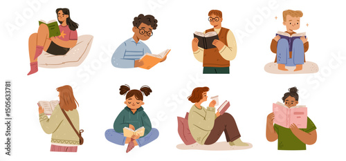 Cute cartoon characters enjoying literature and books, students preparing for exams. Vector obtaining knowledge and working on development of skills. Imagination of readers and bookworms
