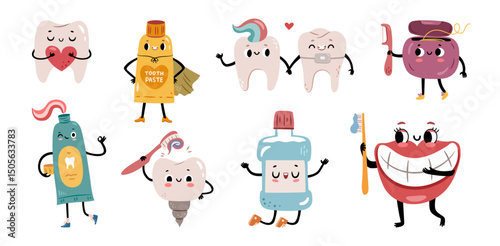 Smiling teeth care product cartoon characters. Vector isolated set of funny mascots. Mouth with toothbrush, superhero toothpaste tube, floss and molars. Oral hygiene, healthcare and dentistry