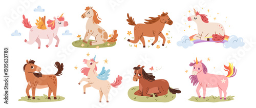 Horses and unicorns, set of steeds. Vector isolated collections of mythological stallions. Cute ponies characters laying on meadows and flying in sky. Filly and colt, one horned creature and pegasus