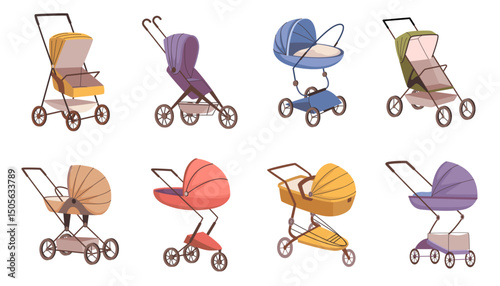 Strollers for infants and toddlers, carriage for newborn. Vector in flat style, isolated assortment of products for children. Lightweight ergonomic buggy for kids, portable and small accessory