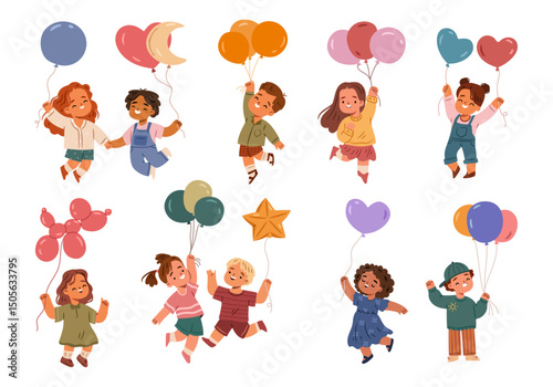 Cute kids holding air balloons of different shapes, cartoon children jumping and having fun. Vector happy girls and boys with helium inflated toys. Birthday party. Funny little people happiness