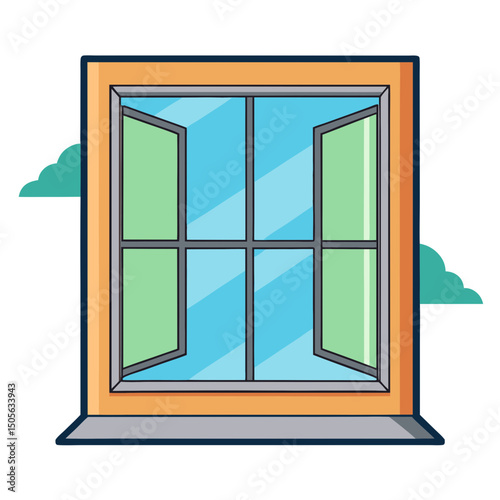 Open window cartoon illustration with blue sky and green hills outside