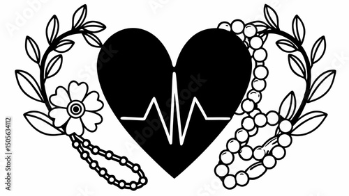 Black heart with ekg line surrounded by floral branches and beaded strands in a black and white drawing created with generated ai
