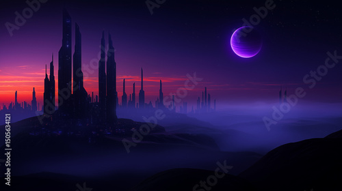 Futuristic sci-fi cityscape at dusk