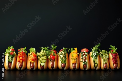 Assorted gourmet hot dogs lined up with colorful toppings like fresh vegetables, herbs, and sauces. Creative street food concept on black background. Perfect for menus, ads, or food blogs. Banner