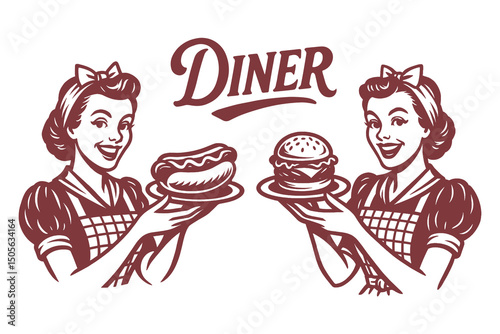Fast food diner girls retro engraving style vector illustration