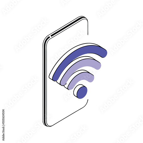Isometric illustration of smartphone displaying wireless internet connection symbol